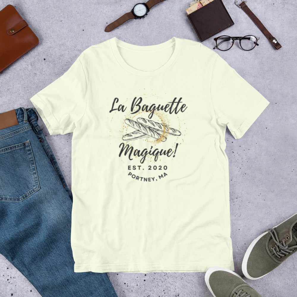 'La Baguette Magique!' T-Shirt with logo from the Baking Up a Magical Midlife Series Bakery - Unisex t-shirt