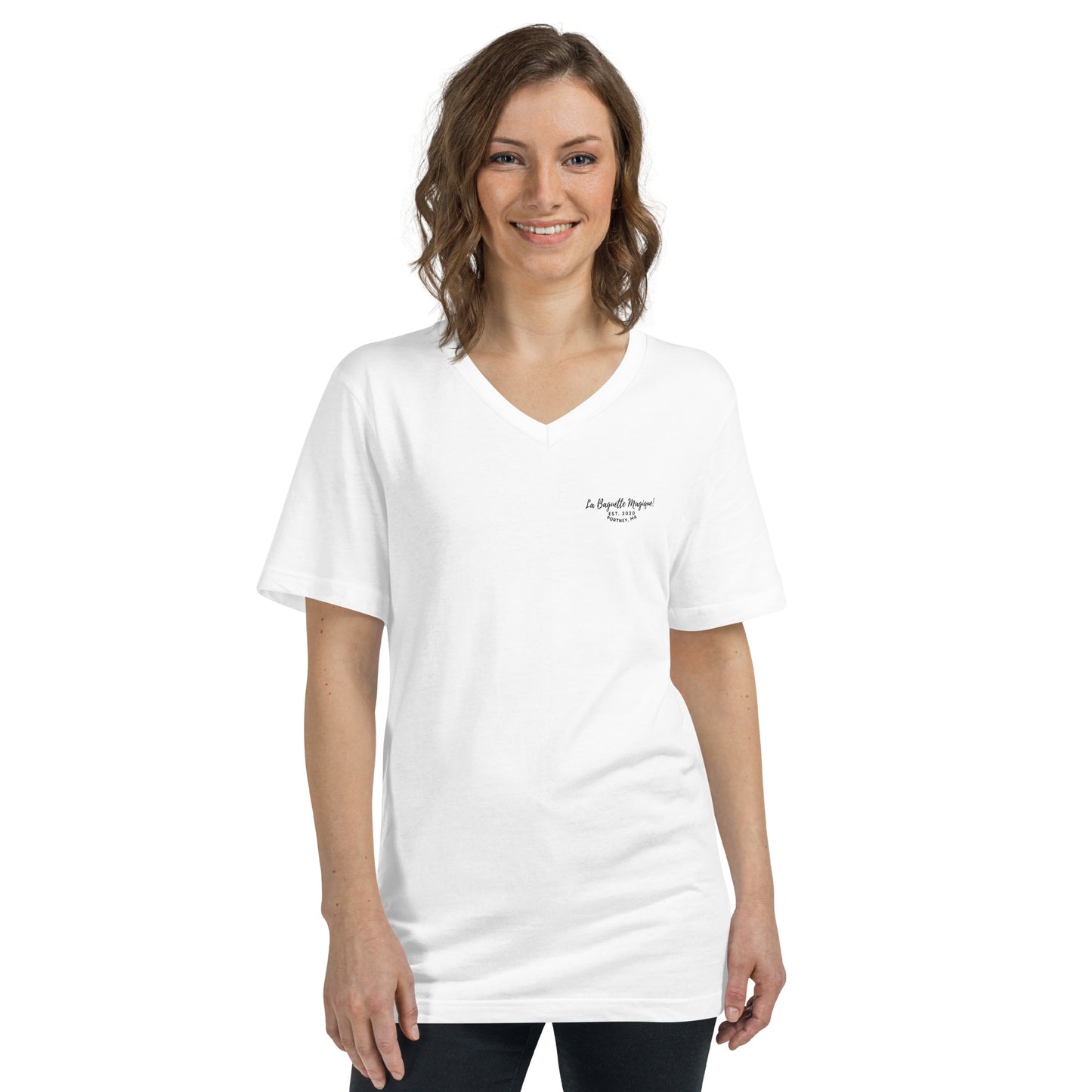 La Baguette Magique! Back Logo Unisex Short Sleeve V-Neck T-Shirt